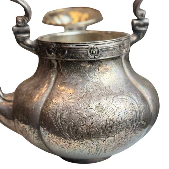Antique Silverplate Teapot Floral Engraved Bone Handle Ornate Victorian Hinged - Picture 4 of 16